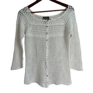Vintage Eddie Bauer Size Large Linen Blend‎ White Hand Crotchet Cardigan Top